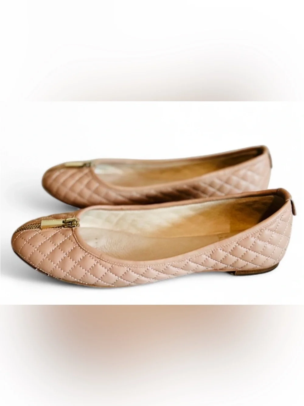 Vince Camuto Minndy Blush Quilted Leather Ballet Flats with Gold Zipper 10